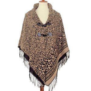 Fringed Animal Print Open Poncho Wrap Shawl With Frog Button Closures NWOT